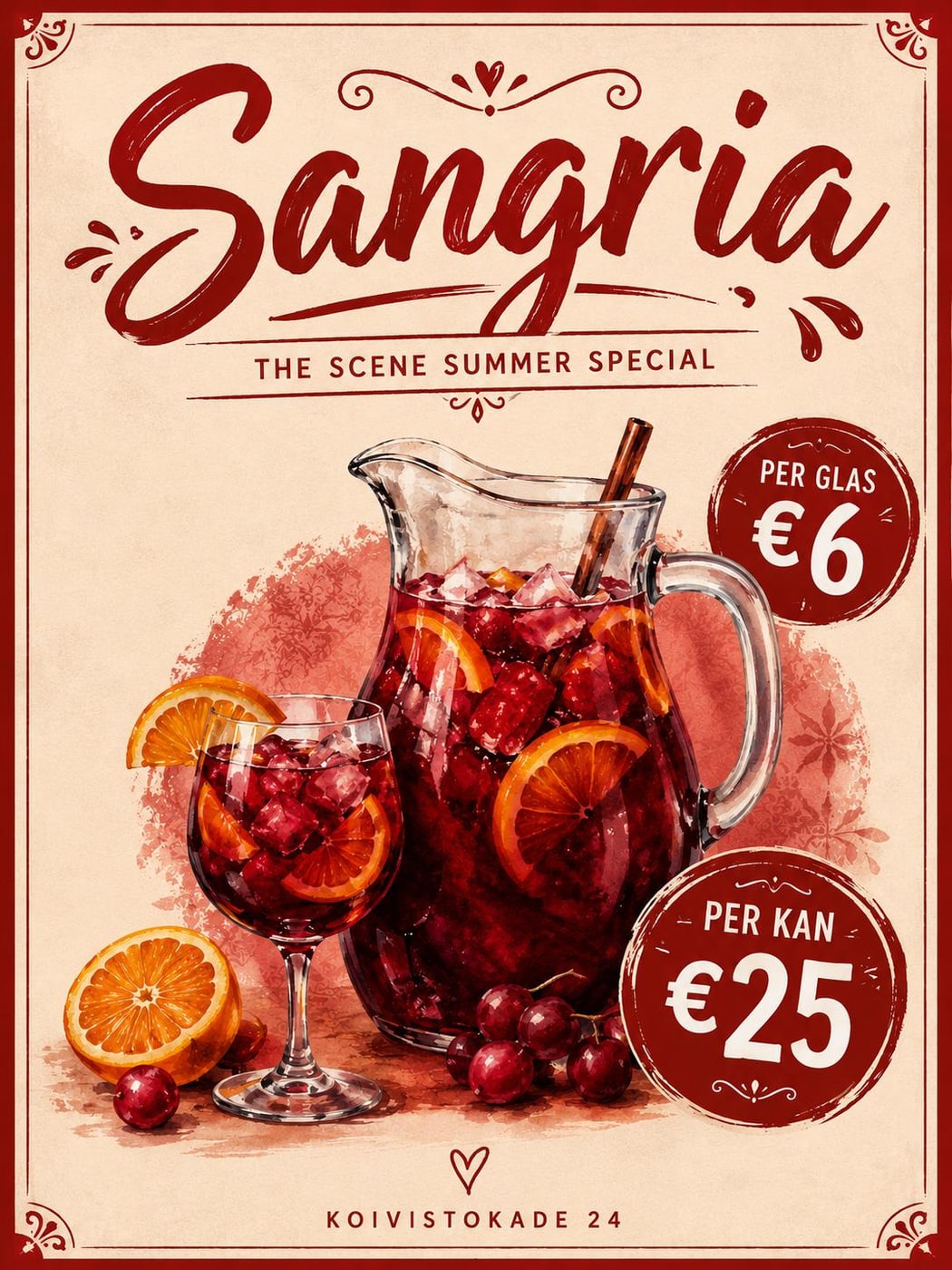 Poster: Sangria, The Scene Summer Special, per glas 6 euro en per kan 25 euro
